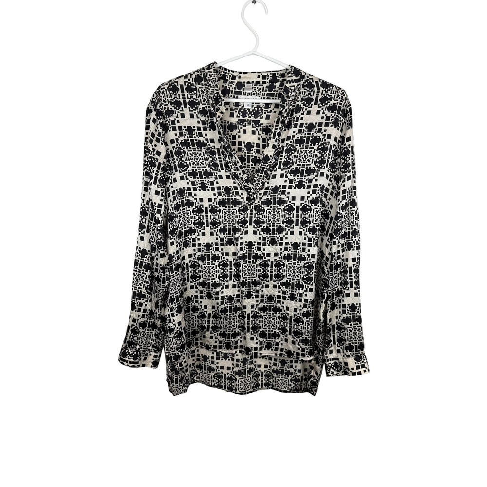 Danier 100% Silk Geometric Tile Print V-Neck Blouse Black Cream CA60894